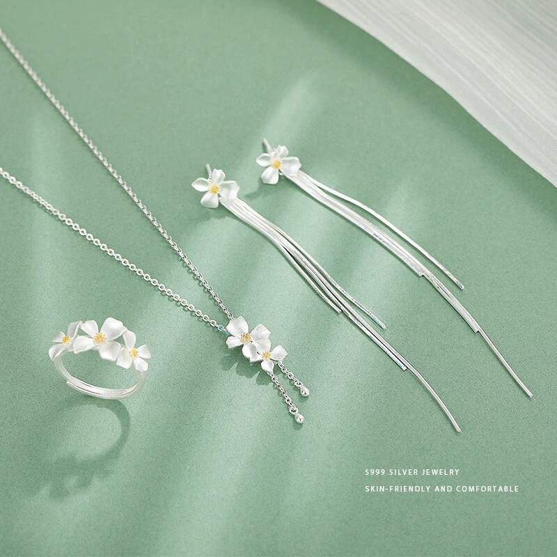 S999足银栀子花戒指项链耳环套装
