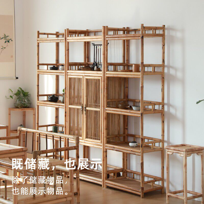 竹藤落地博古架日式民宿多宝阁陈列展示柜隔断置物架存茶柜