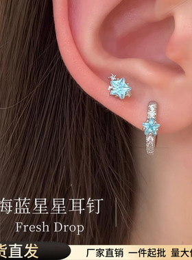 医用钛钢耳钉双耳洞星星蓝色耳圈螺丝拧扣耳骨钉高级感锆石耳环女