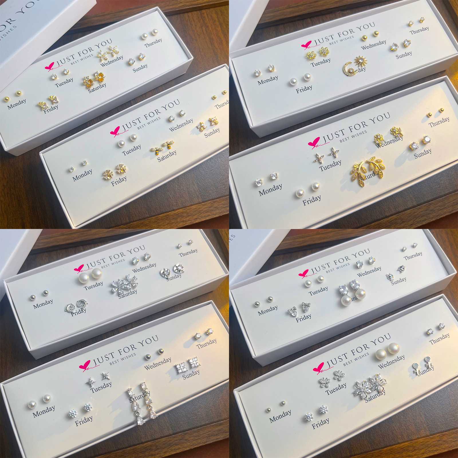 26年新款7对潮热销花朵耳钉女简约锆石耳骨钉一周礼盒耳饰