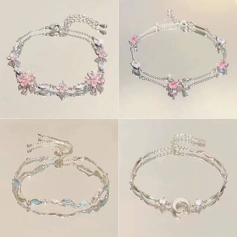 粉色锆石樱花蝴蝶结手链女ins小众轻奢气质高级清冷感闺蜜手饰潮