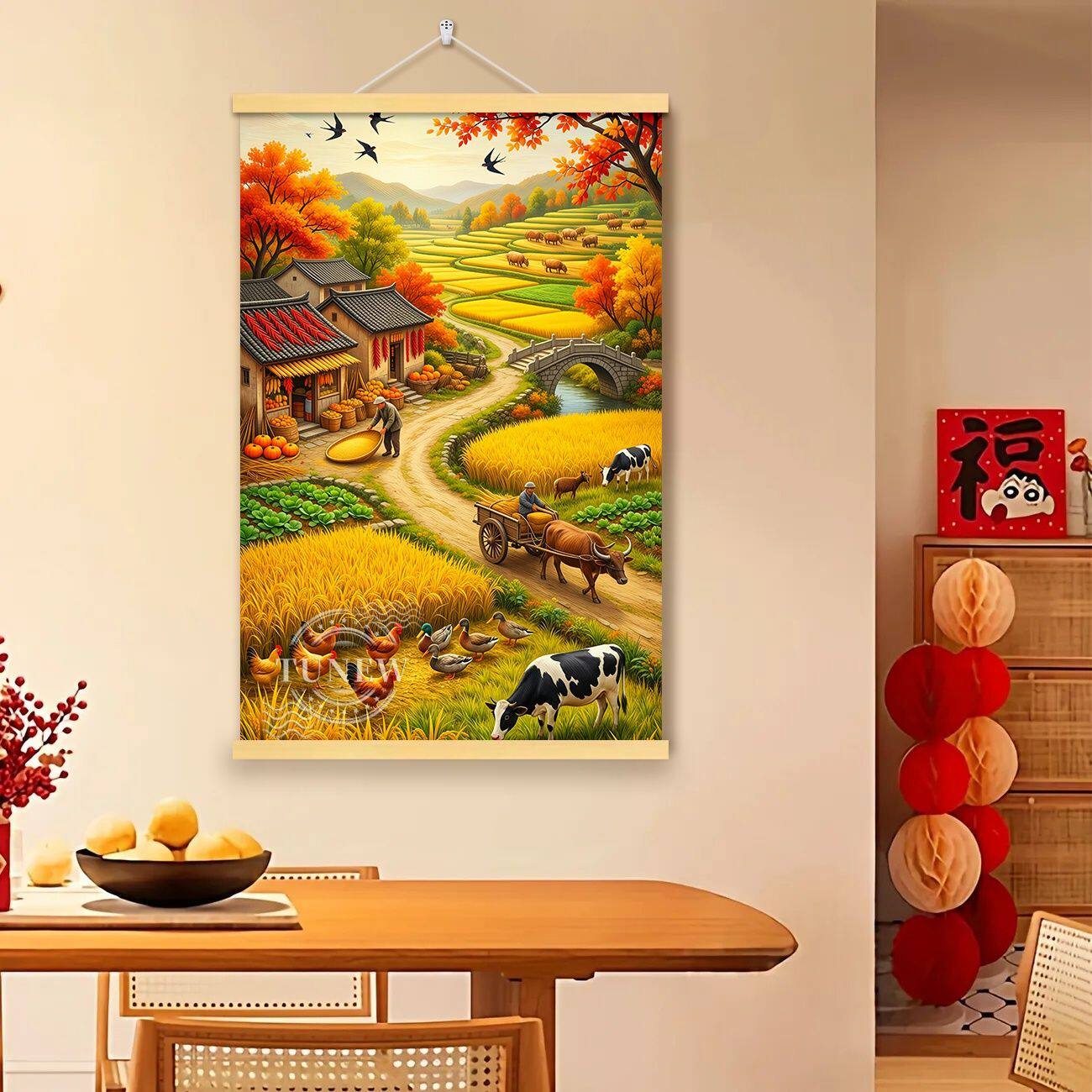 麦田农舍谷稻归仓客厅玄关装饰沙发背景墙家居挂画卷轴实木挂轴画