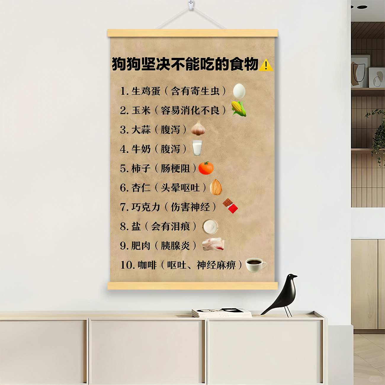 狗狗绝不能吃的食物壁纸实木挂轴画卧室挂墙床头高清收藏装饰挂画