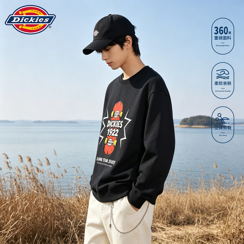 Dickies 复古标识印花圆领卫衣重磅棉质男宽松落肩情侣秋款套头衫
