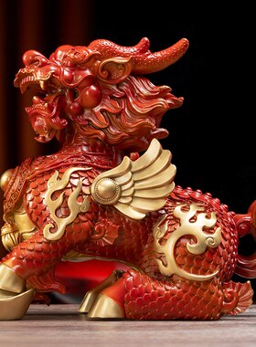 全铜火麒麟d摆件公母一对红色公母纯铜黄铜家居办公室客厅玄关装