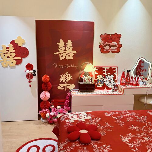 新中式大双喜结婚四件套红色被罩印花婚庆婚N房被套床单喜被床笠