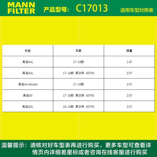 曼牌空气滤清器芯格C17013新奥迪Aw4L 1.4T 2.0T高功率 Q5L A4A5Q