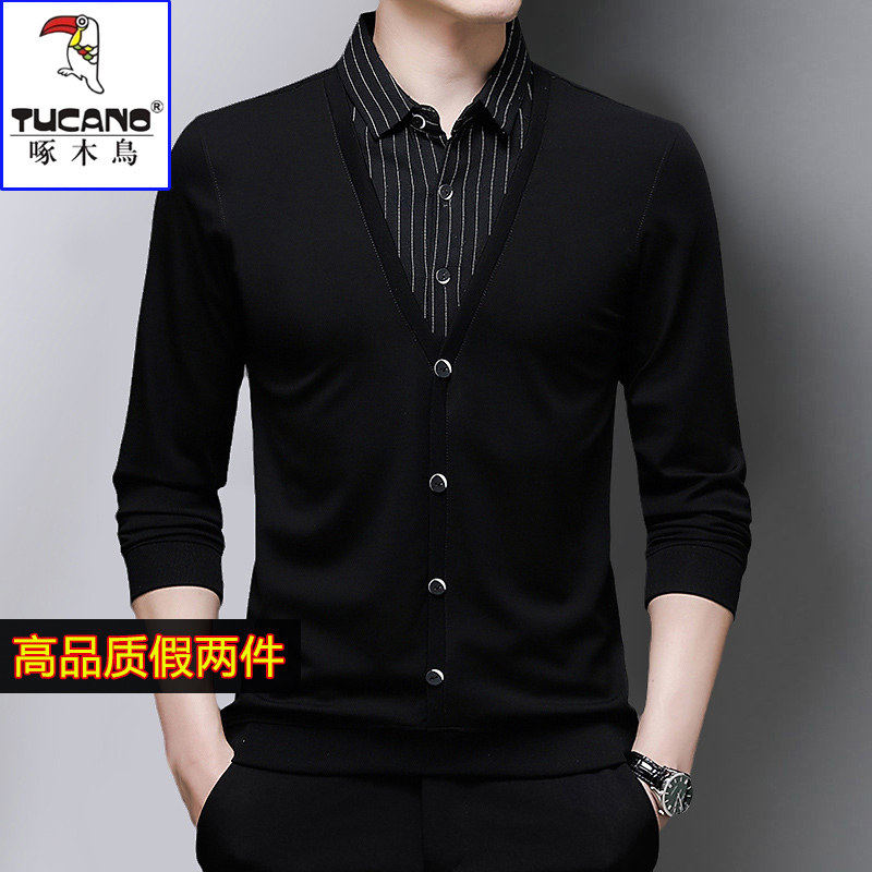 啄木鸟春季假两件男士长袖加绒加厚新款上衣休闲春秋款打底t恤衫