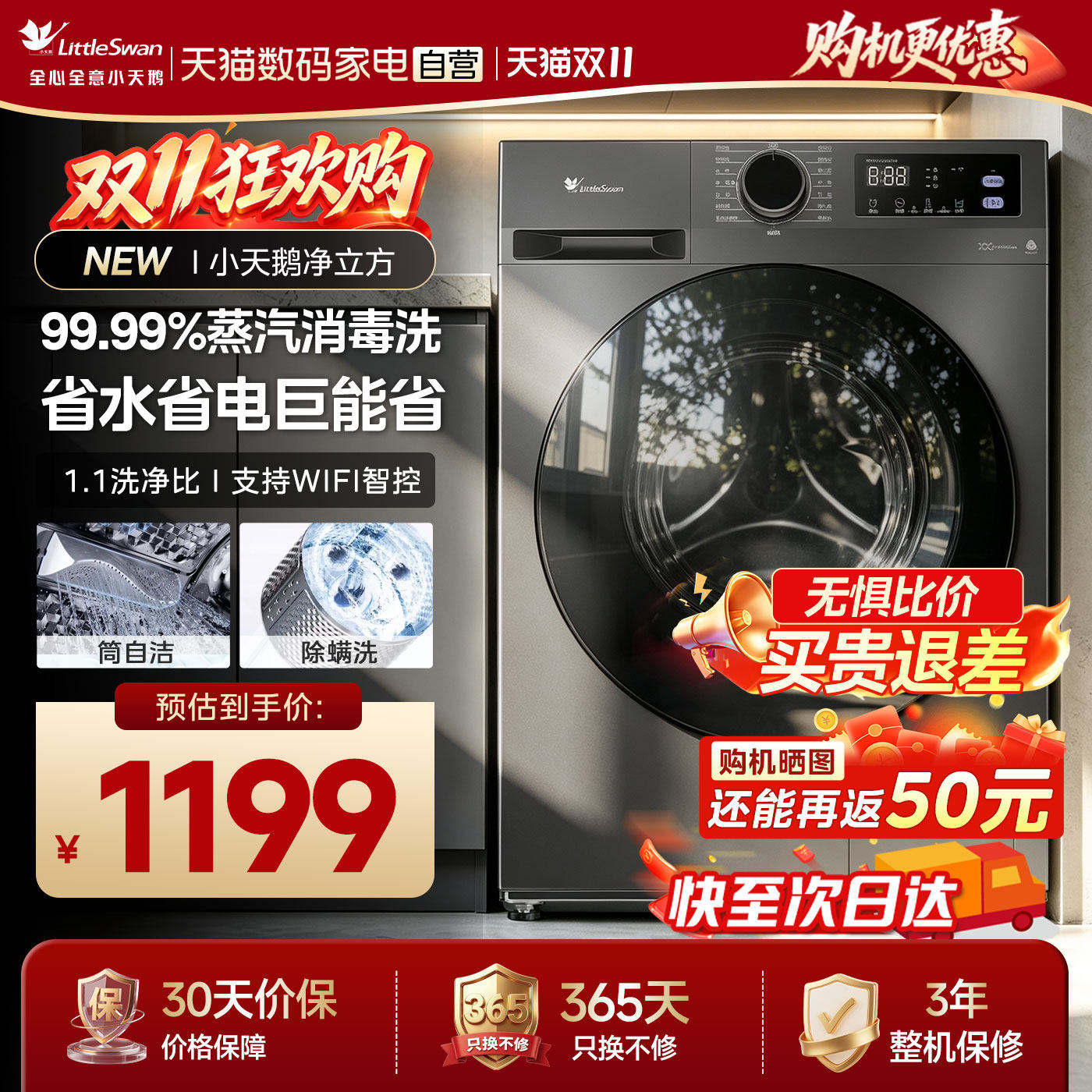 小天鹅全自动滚筒洗衣机10kg 868元 - 线报酷