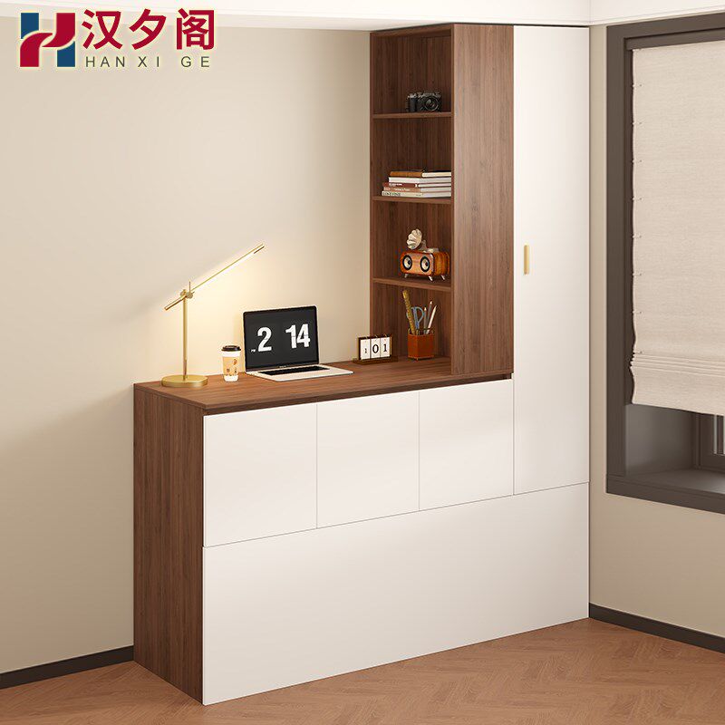 中古风床尾柜斗柜书桌一体靠墙衣柜小户型卧室夹缝储物柜定制1F87
