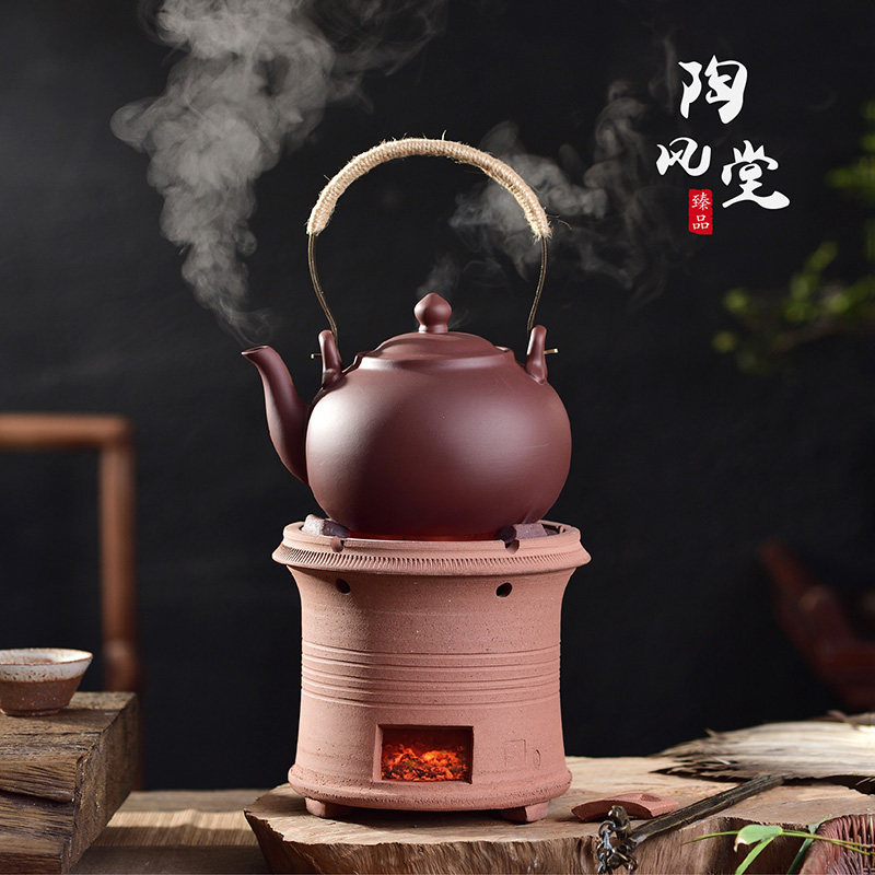 手工紫砂提梁壶搭配功夫茶炉炭炉 潮州产复古风紫砂茶壶 柴烧拉丝