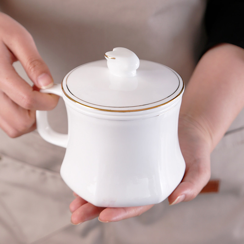 骨瓷带茶漏杯陶瓷会议杯茶水分离茶杯定制LOGO金边办公室开会杯子