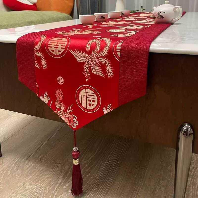式餐桌桌旗结婚红色桌桌ZQ1001布喜庆饰斗柜盖布婚礼茶几装茶垫布