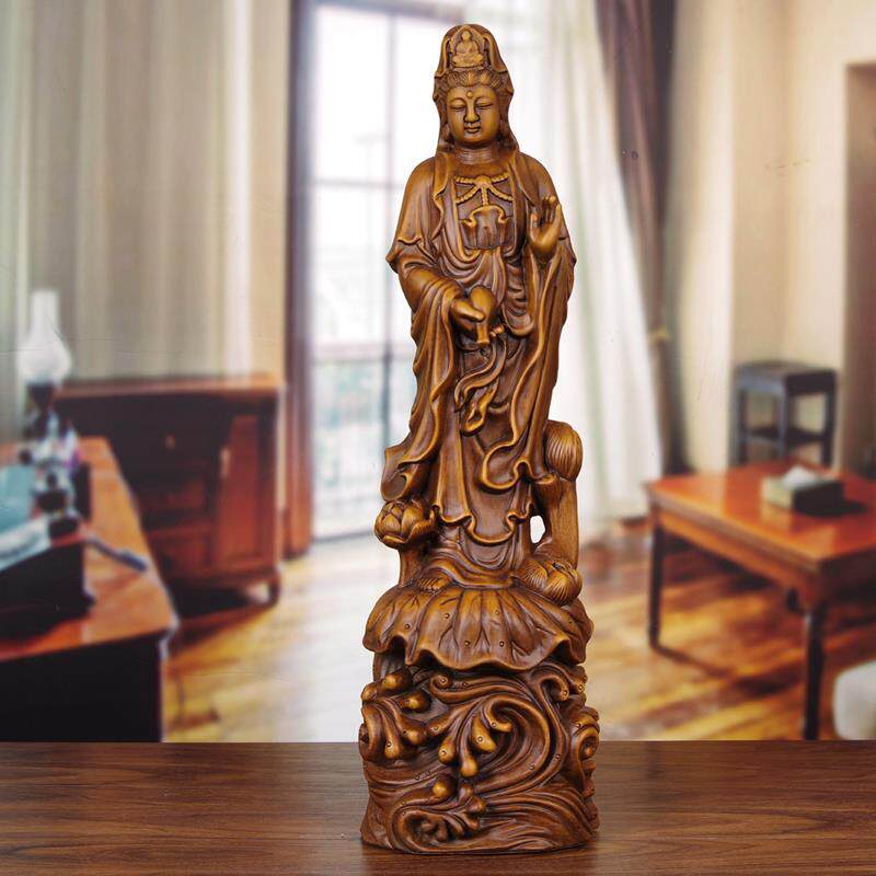 木雕观音摆件大号 供奉拜神家用实木南海观世音菩萨佛像雕像摆设