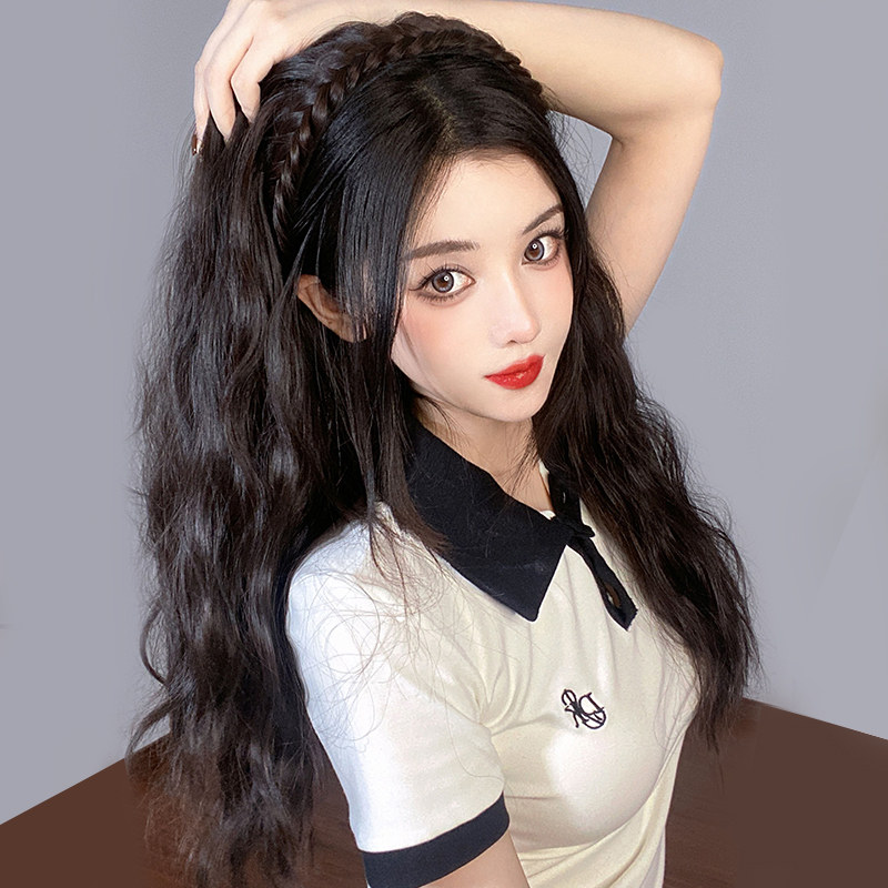 可拆卸鱼骨辫发箍假发女半头套玉米烫水波纹自然无痕长卷发遮白发
