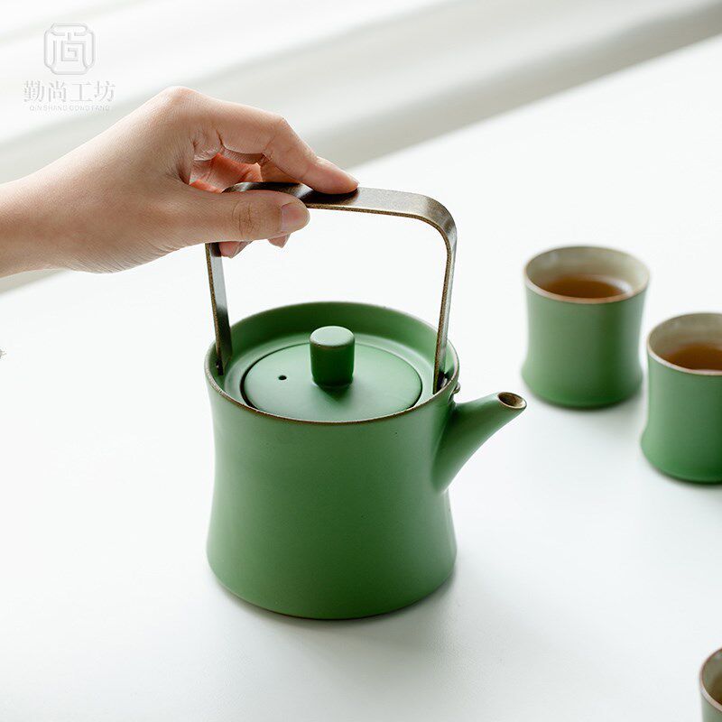 竹青釉一壶六杯茶具套组 陶瓷茶壶茶杯竹节杯 整套功夫茶具礼盒装