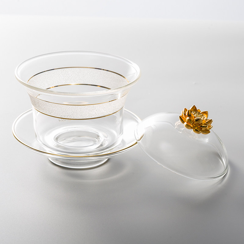宏虎日式耐热玻璃盖碗 描金银莲花手工雕刻竹透明三才碗大号茶碗