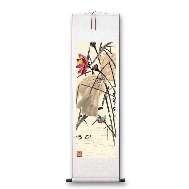 齐白石《荷花翠鸟》客厅书房茶室装饰画挂画玄关水墨高清卷轴字画
