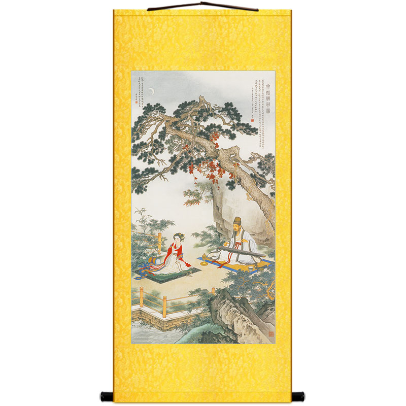 蔡文姬辩琴图 古代仕女抚琴人物卷轴挂画 复古书房绢布丝绸装饰画