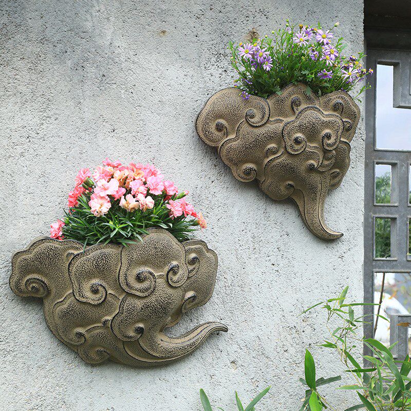 中式庭院墙面装饰花盆户外花园阳台墙上祥云墙饰造景植物壁挂景观