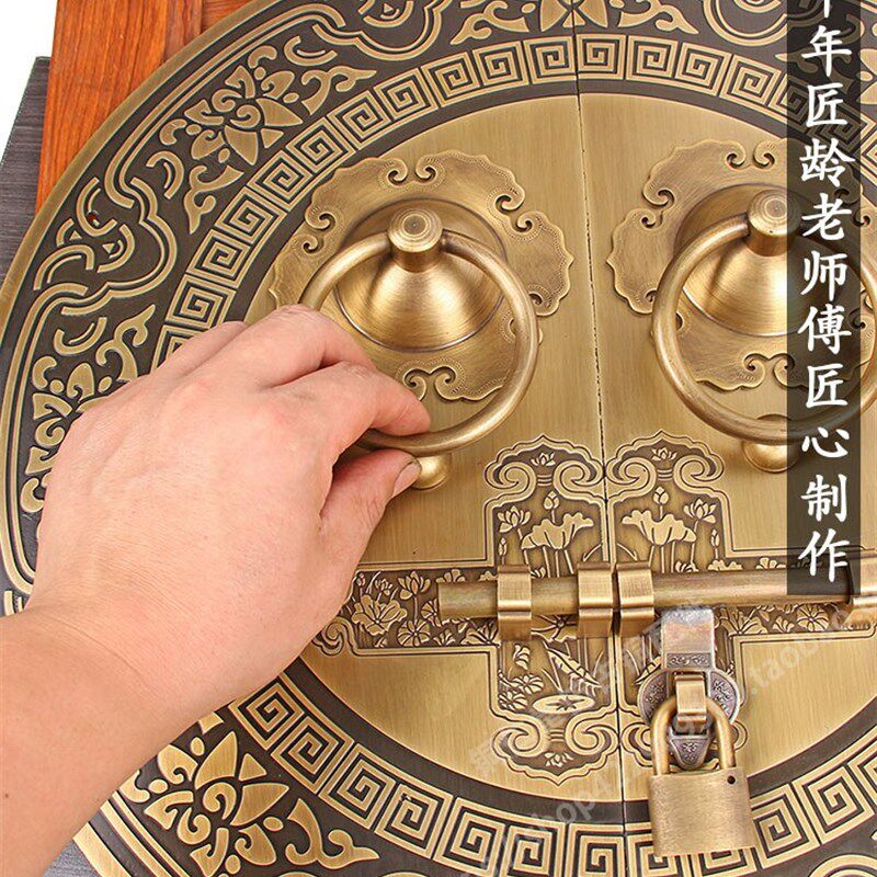 中式仿古圆形大门铜把手拉环插销复古雕花纯铜木实木门环黄铜拉手