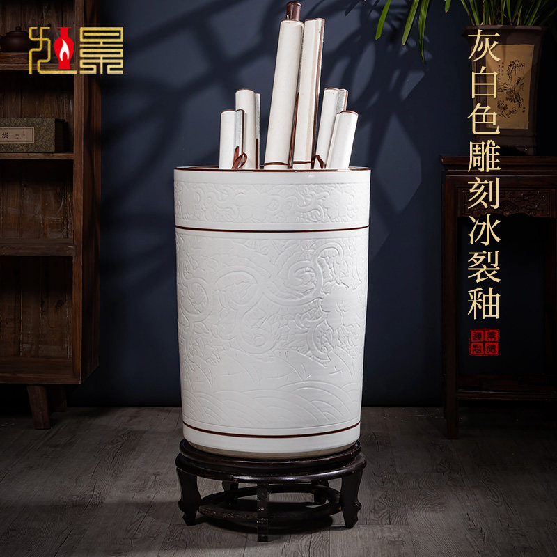 景德镇陶瓷器花瓶中式书画缸卷轴缸书房颜色釉箭筒字画桶收纳摆件