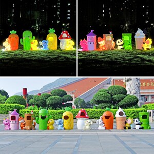 户外卡通动物垃圾桶雕塑园林景区幼儿园植物发光果皮箱玻璃钢摆件