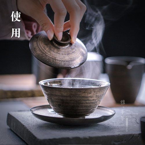 手工薄胎大号三才盖碗茶杯防烫陶瓷单个泡茶茶碗功夫茶具粗陶茶道