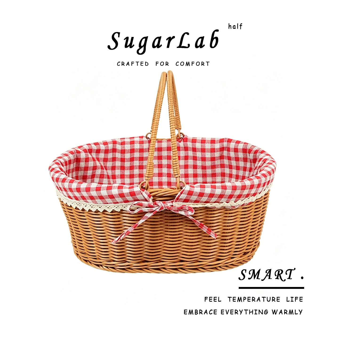 雾径SugarLab天然藤编手提篮格子内衬花边装饰收纳篮百搭实用家用