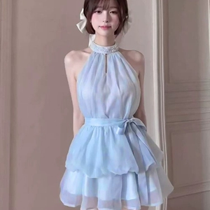 自制少女法式格子吊带连衣裙短款蓬蓬裙甜辣风红黑格party小裙子
