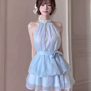 自制少女法式格子吊带连衣裙短款蓬蓬裙甜辣风红黑格party小裙子