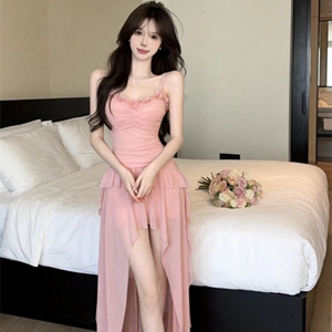 实价实拍~纯欲风辣妹性感吊带连衣裙夏季收腰显身材不规则包臀裙