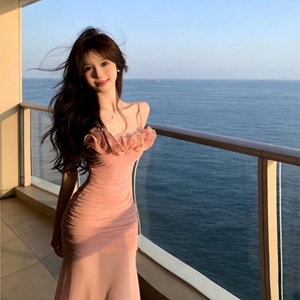 实价实拍~纯欲风辣妹花朵拼接网纱性感吊带连衣裙海边度假鱼长裙