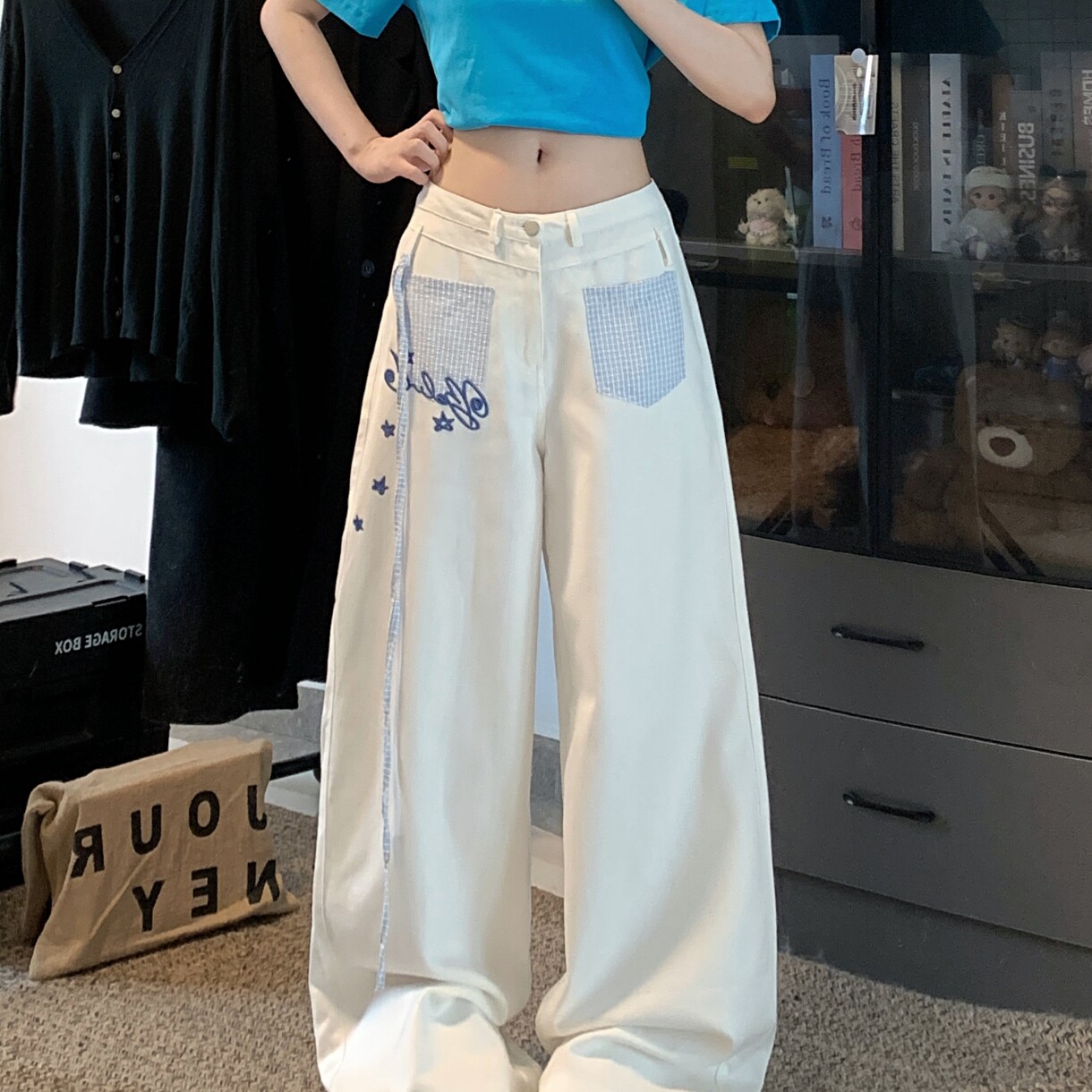 实拍星星字母刺绣裤子女轻亚风Y2K显瘦阔腿裤垂感宽松休闲裤