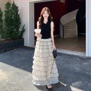 撞色无袖连衣裙女夏季2026新款韩系温柔甜妹风收腰显瘦拼接蛋糕裙