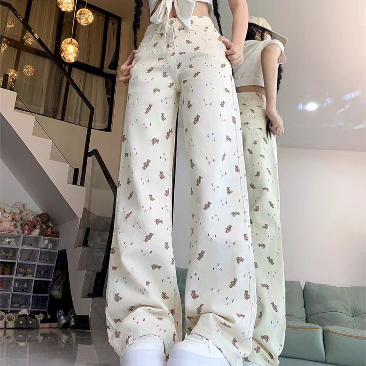 高腰白色小熊印花牛仔裤女夏夏季设计感小众直筒阔腿拖地裤子