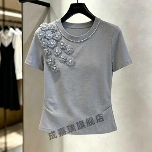 2026年夏季法式温柔风立体订花短袖T恤女灰色设计感大码上衣