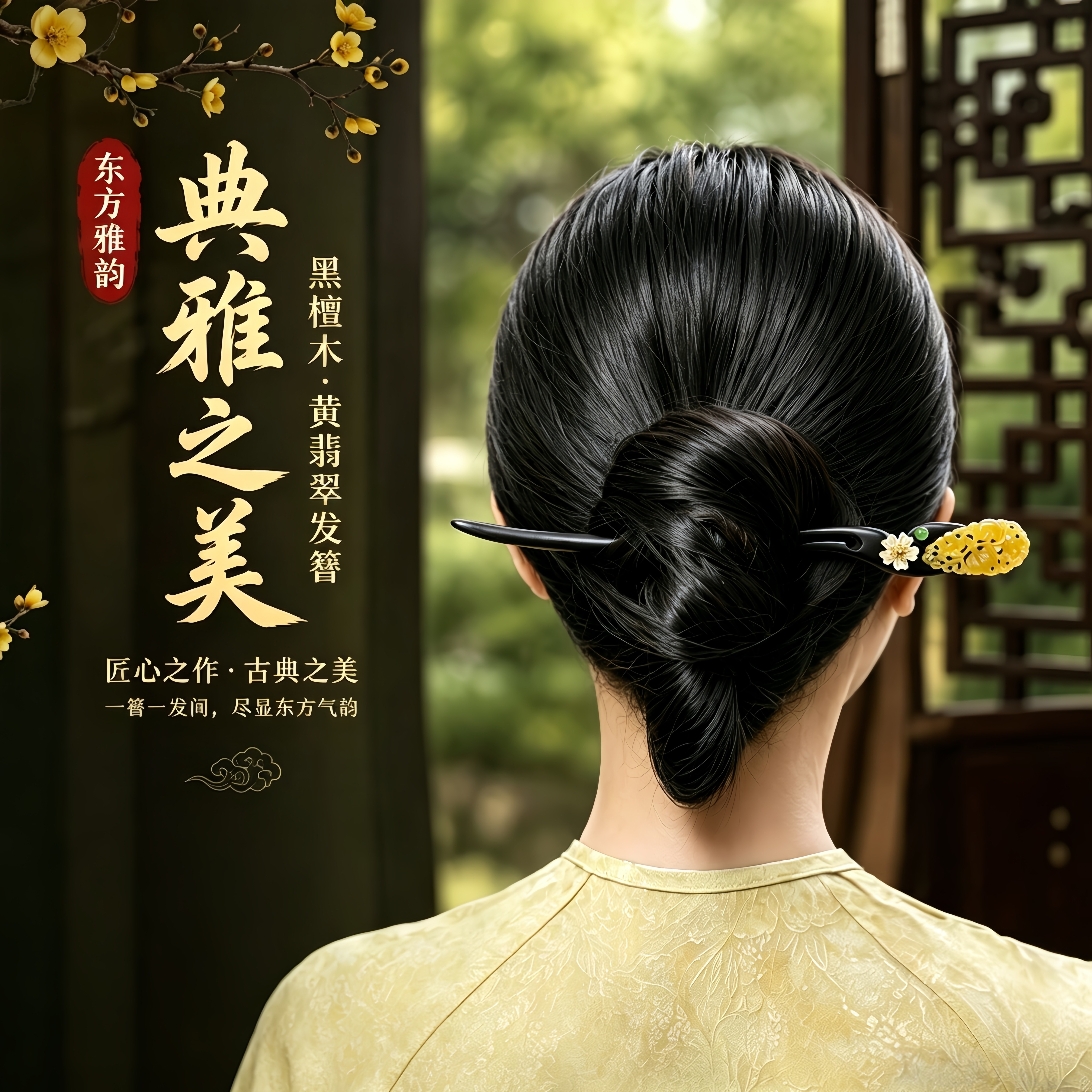 檀夕花黑檀木新中式手工发簪图片
