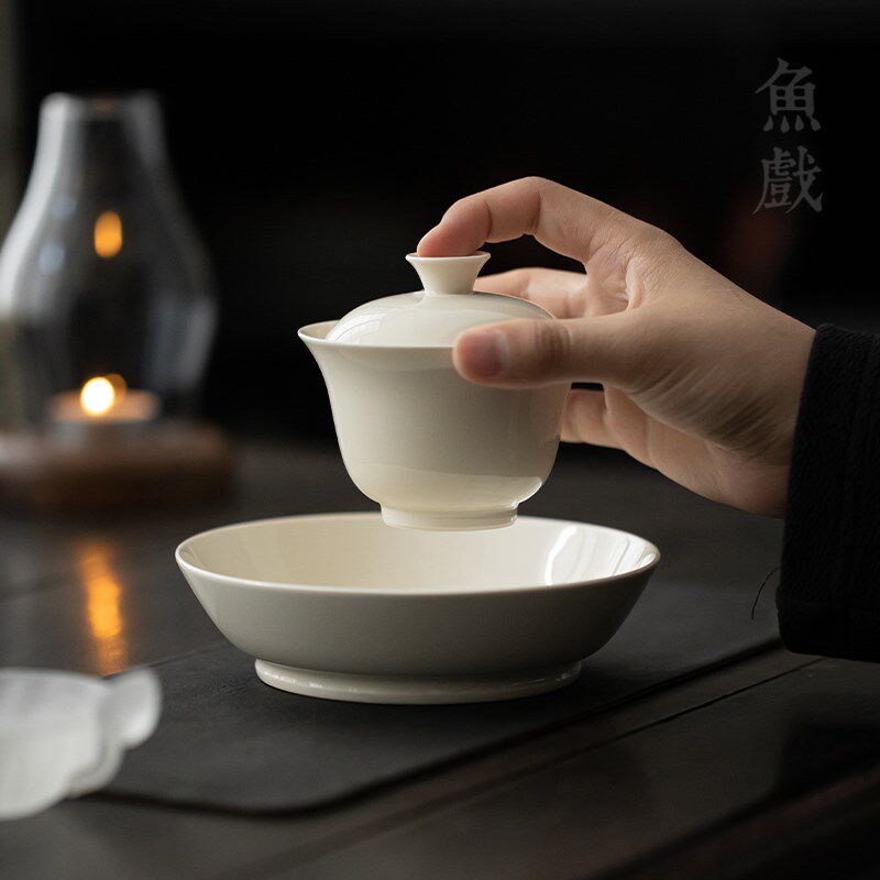 鱼戏手工陶瓷复古三才盖碗家用泡茶杯子茶碗壶承套装禅意功夫茶具