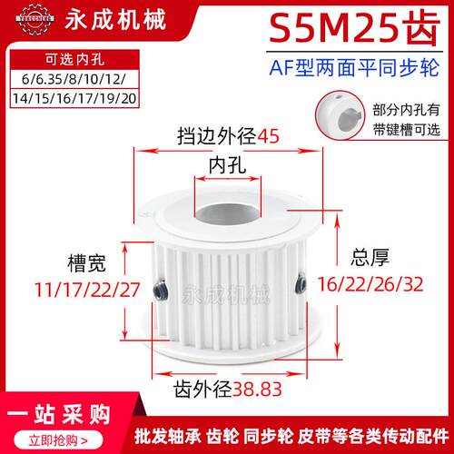 无台S5M25齿两面平25S5M同步轮槽宽11/17/22/27皮带轮齿外径38.82