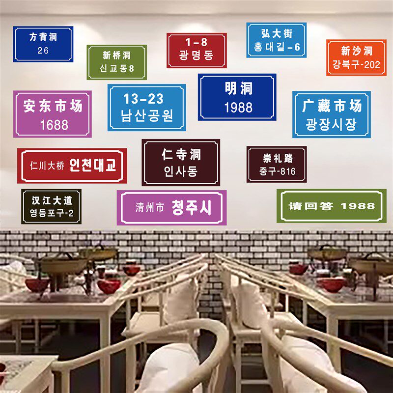 韩国城市地标地名海报贴纸韩式门牌号韩国烤肉店装饰贴画自粘墙纸图片