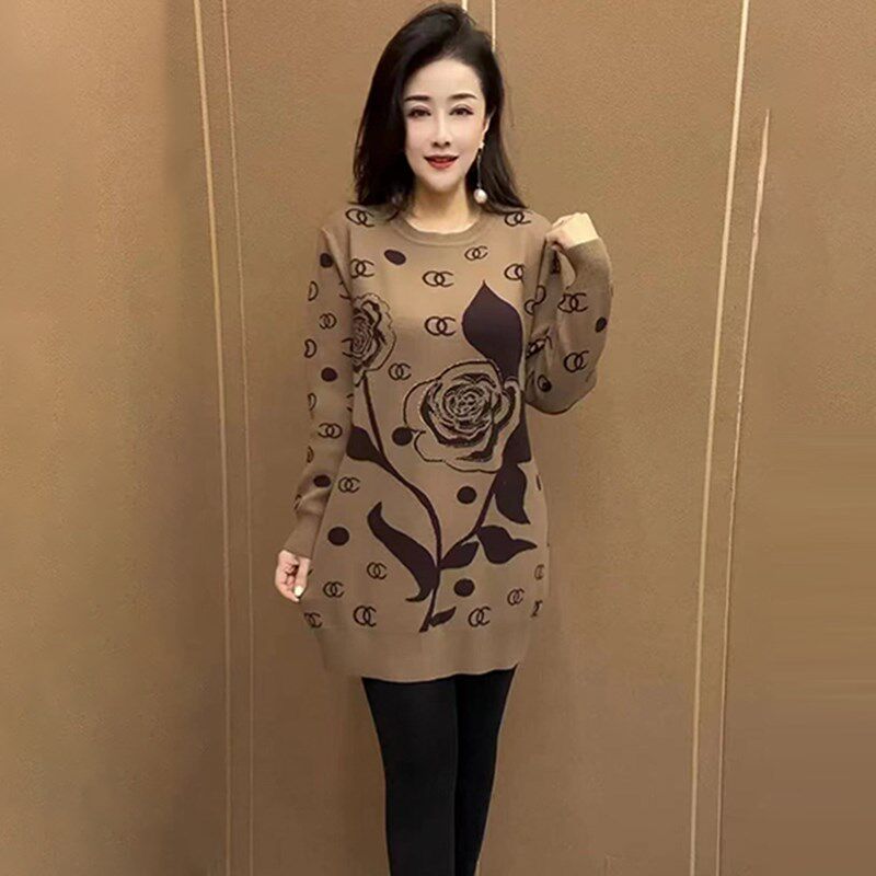 妈妈装秋冬新款长袖中长款百搭圆领套头女士毛衣裙大码针织打底衫