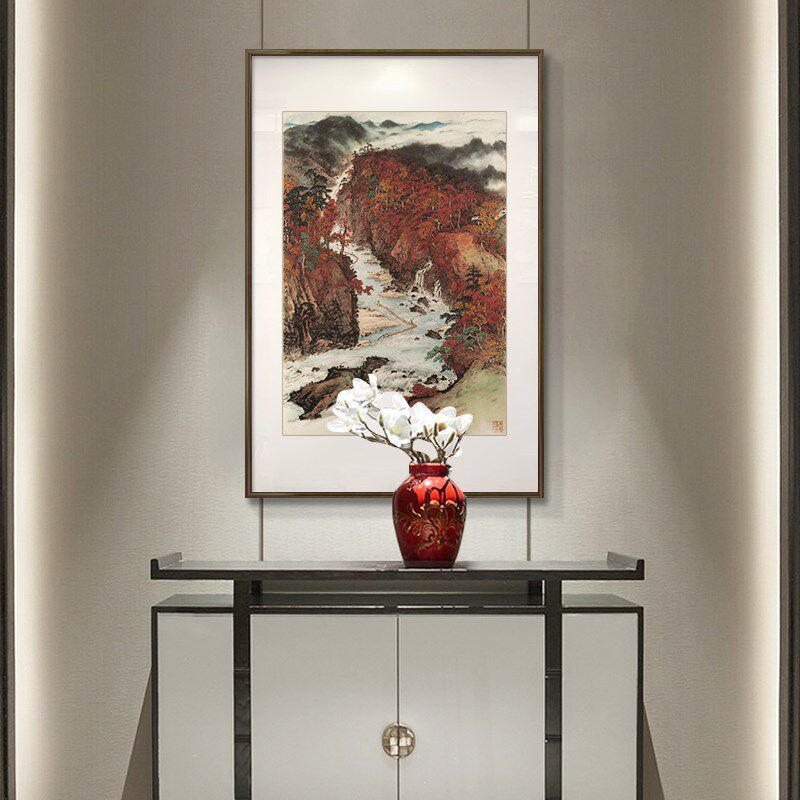 关山月秋山放筏国画山水画新中式入户玄关装饰画餐厅挂画茶室壁画