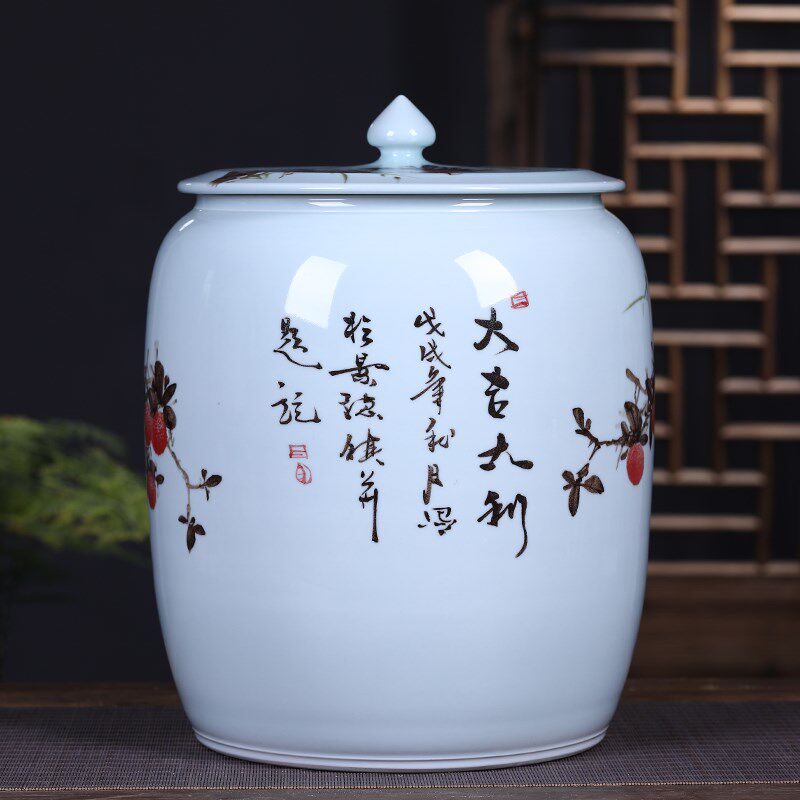 景德镇手绘陶瓷器米缸家用带盖30斤50斤装米桶密封防潮防虫储物罐