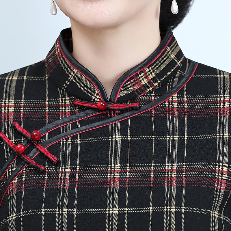 中老年格子加绒旗袍女秋冬新款中国风连衣裙妈妈中长款加厚祺袍裙