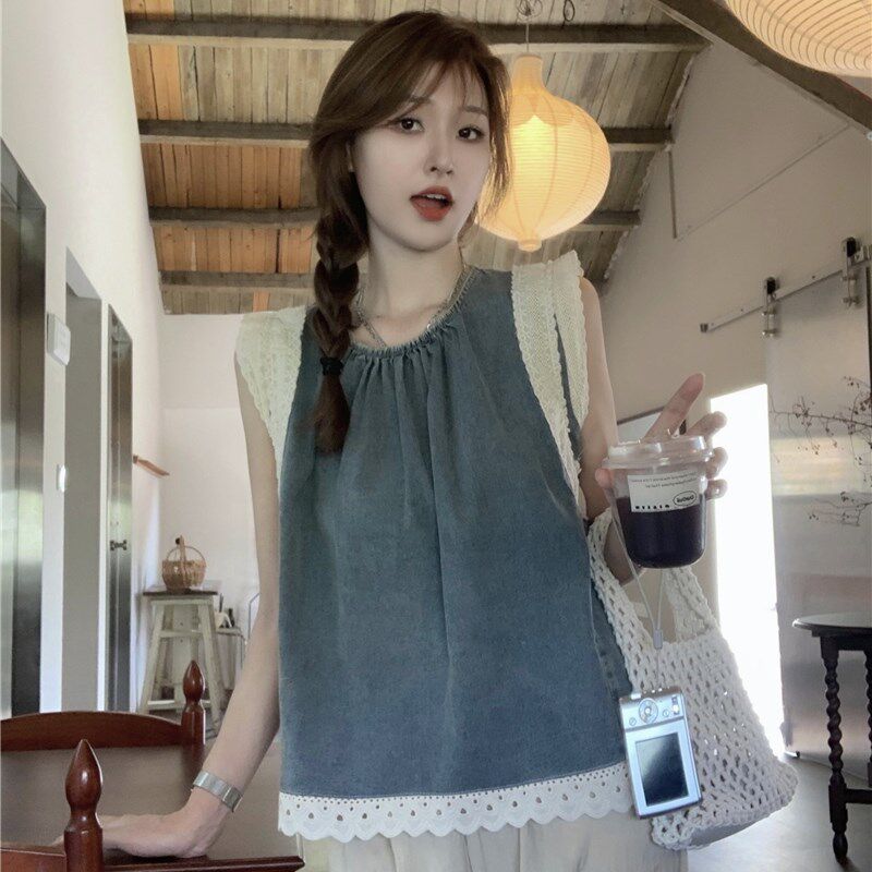 复古甜美假两件牛仔吊带背心女夏季宽松圆领蕾丝拼接无袖短款衬衫
