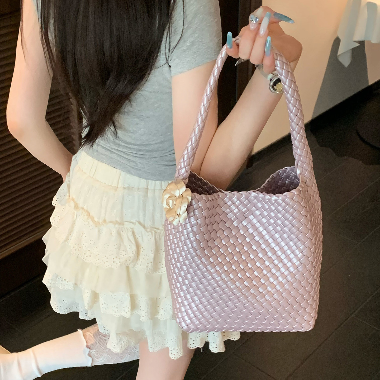 不辣Bula 人鱼姬编织包包女紫色中号托特包大容量通勤腋下单肩包