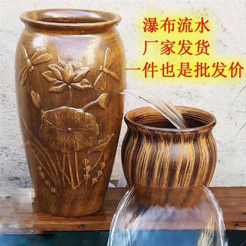 古法缸养鱼流水瀑布增氧循环流水陶罐复古庭N院摆件装饰水培盆室