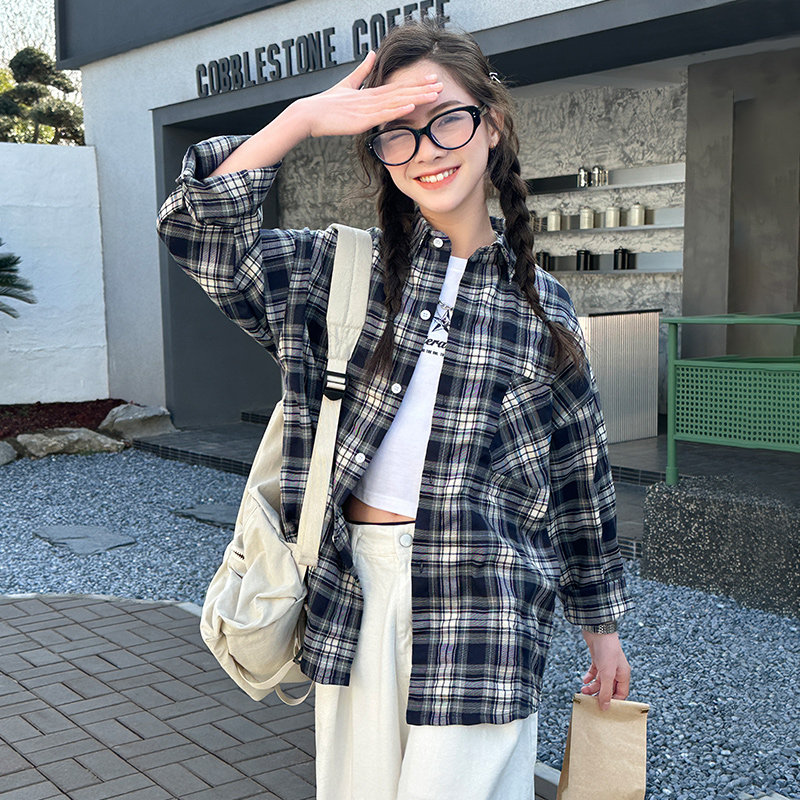 女童格子衬衫2024新款儿童洋气春装上衣儿童大童春秋衬衣外套15岁