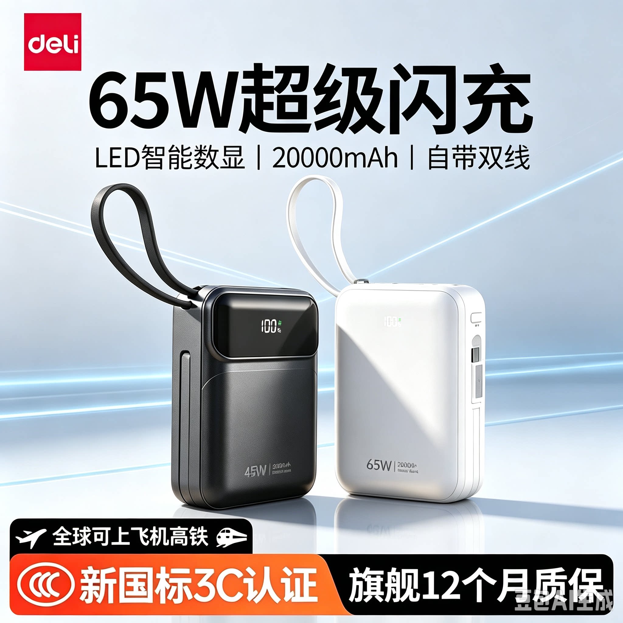【3C认证可上飞机】得力2026新款充电宝20000毫安大容量超薄小巧便携快充自带线移动电源适用苹果专用正品